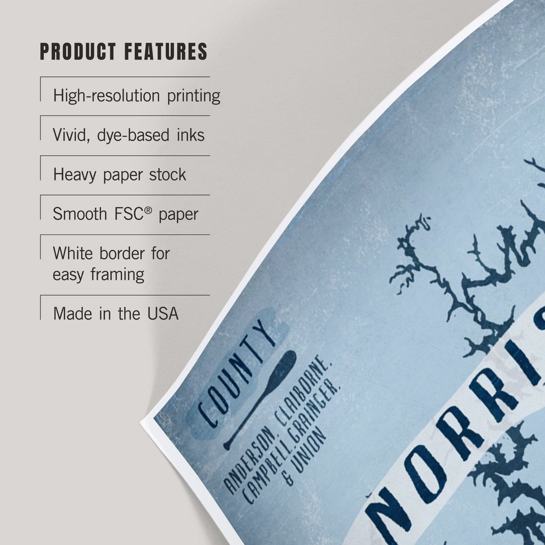 Norris Lake, Tennessee, Lake Essentials, Shape, Acreage and County, Art & Giclee Prints Art Lantern Press