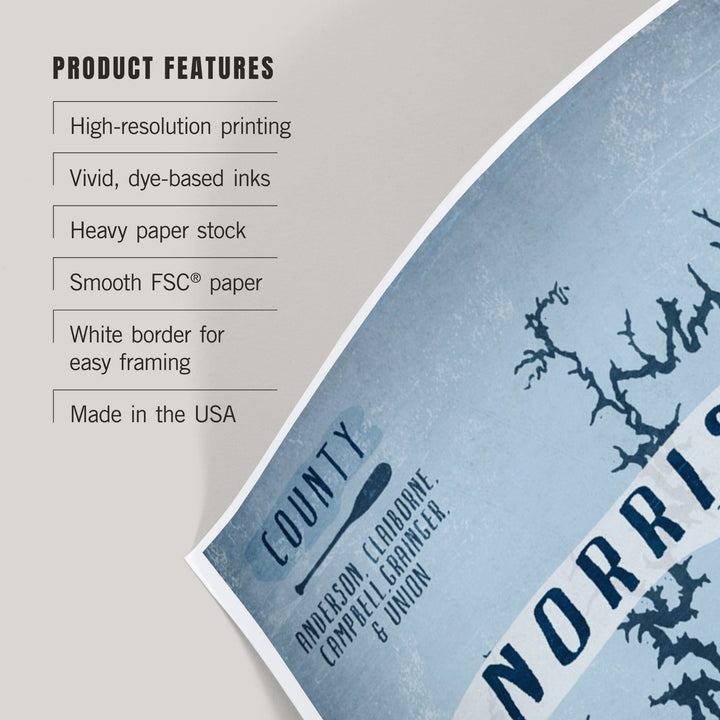 Norris Lake, Tennessee, Lake Essentials, Shape, Acreage and County, Art & Giclee Prints Art Lantern Press