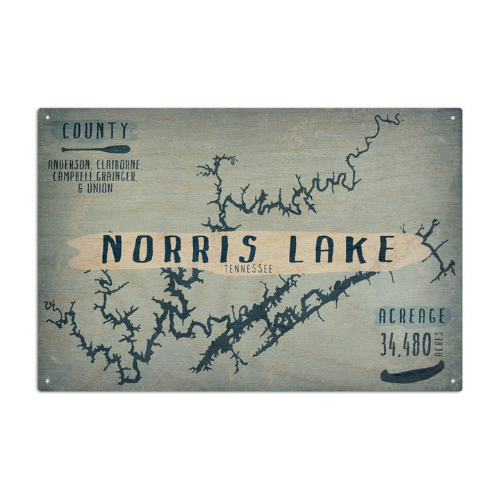 Norris Lake, Tennessee, Lake Essentials, Shape, Acreage & County, Lantern Press Artwork, Wood Signs and Postcards Wood Lantern Press 6x9 Wood Sign