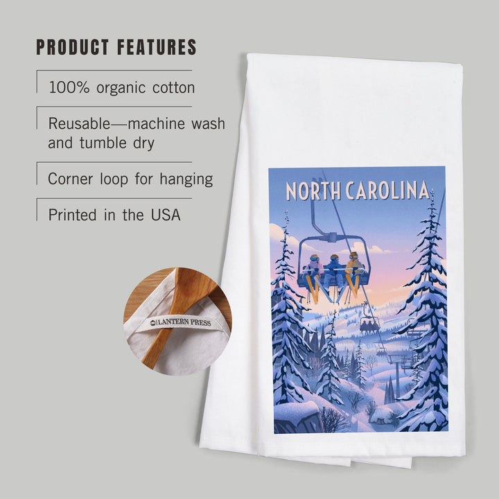 North Carolina, Chill on the Uphill, Ski Lift, Organic Cotton Kitchen Tea Towels Kitchen Lantern Press