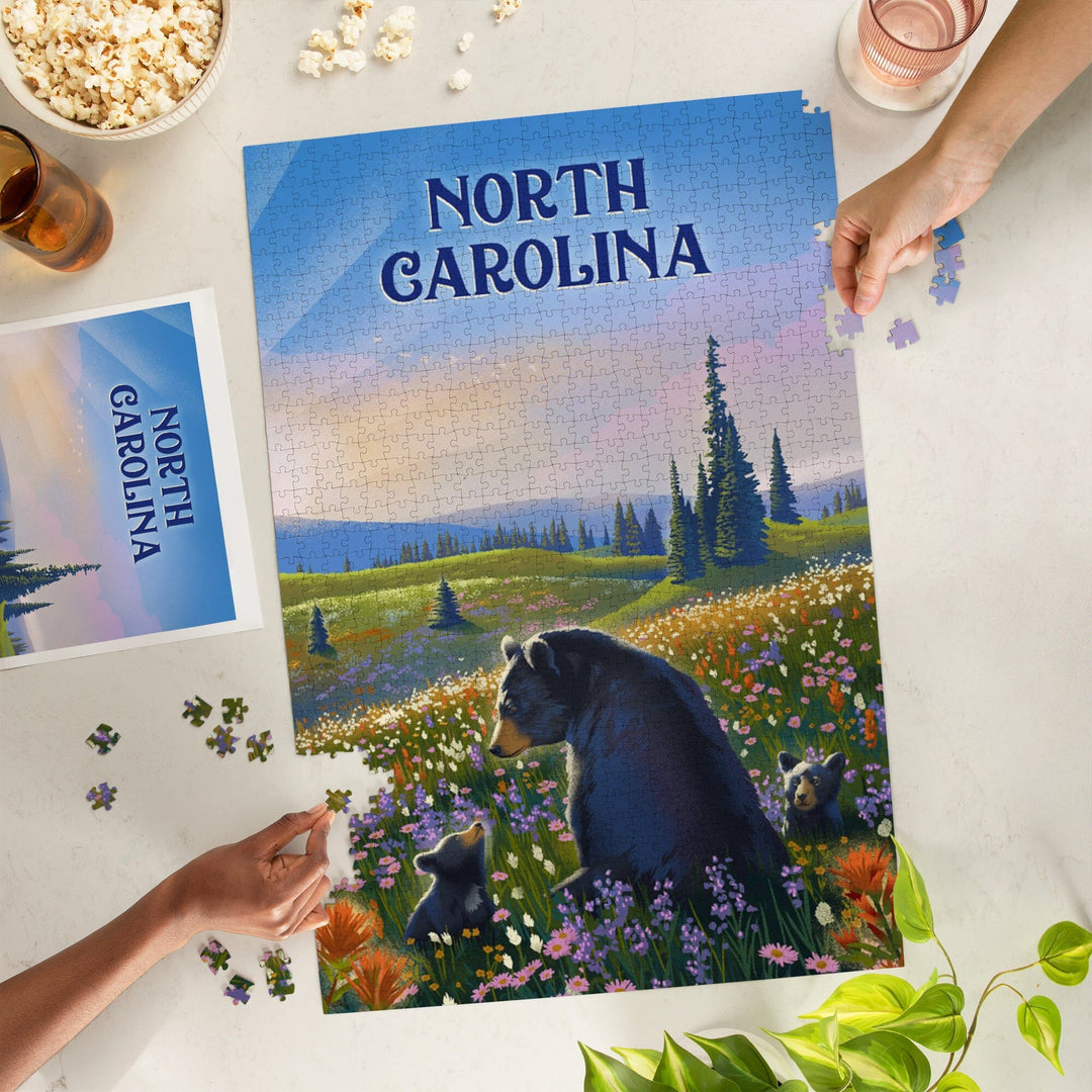 North Carolina, Lithograph, Bear Family in Field, Jigsaw Puzzle Puzzle Lantern Press