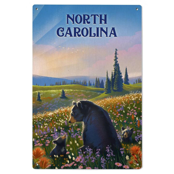 North Carolina, Lithograph, Bear Family in Field, Wood Signs and Postcards Wood Lantern Press