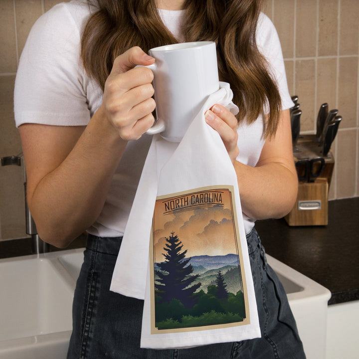 North Carolina Mountains Lithograph, Organic Cotton Kitchen Tea Towels Kitchen Lantern Press