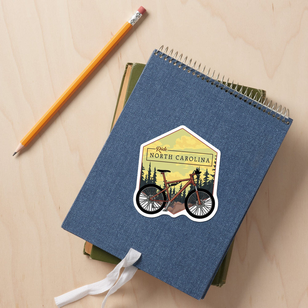 North Carolina, Ride, Mountain Bike, Contour, Lantern Press Artwork, Vinyl Sticker Sticker Lantern Press