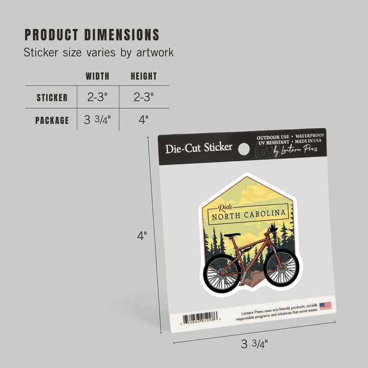 North Carolina, Ride, Mountain Bike, Contour, Lantern Press Artwork, Vinyl Sticker Sticker Lantern Press