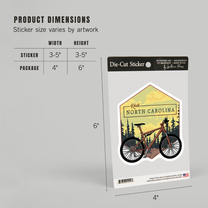 North Carolina, Ride, Mountain Bike, Contour, Lantern Press Artwork, Vinyl Sticker Sticker Lantern Press