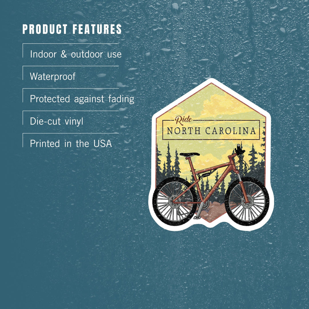 North Carolina, Ride, Mountain Bike, Contour, Lantern Press Artwork, Vinyl Sticker Sticker Lantern Press