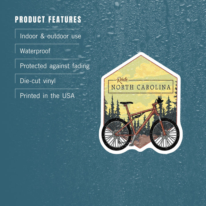 North Carolina, Ride, Mountain Bike, Contour, Lantern Press Artwork, Vinyl Sticker Sticker Lantern Press