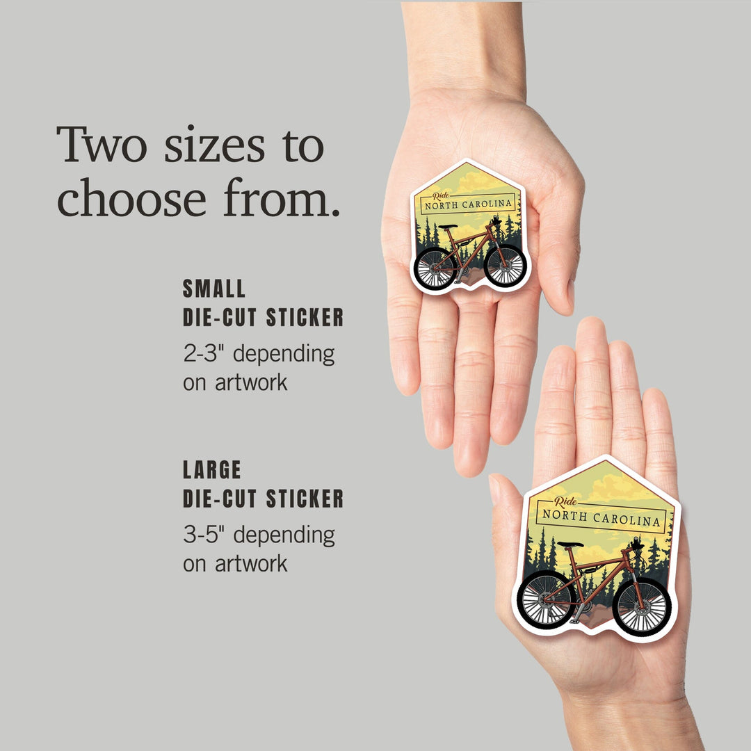 North Carolina, Ride, Mountain Bike, Contour, Lantern Press Artwork, Vinyl Sticker Sticker Lantern Press