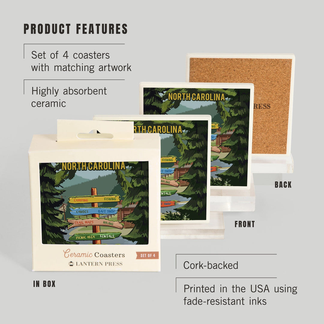 North Carolina, Signpost, Forest and Camp, Coasters Coasters Lantern Press