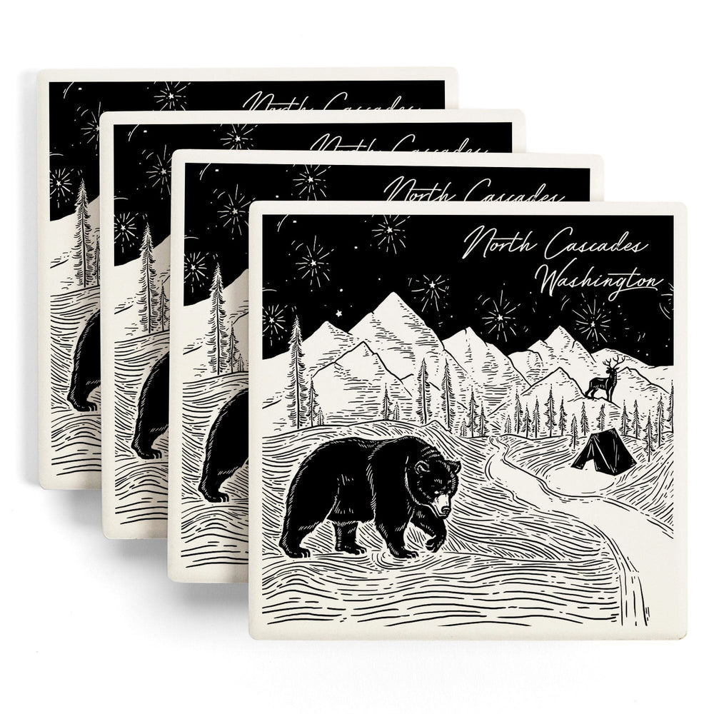 North Cascades, Washington, Mountain Scene with Bear, Coasters Coasters Lantern Press