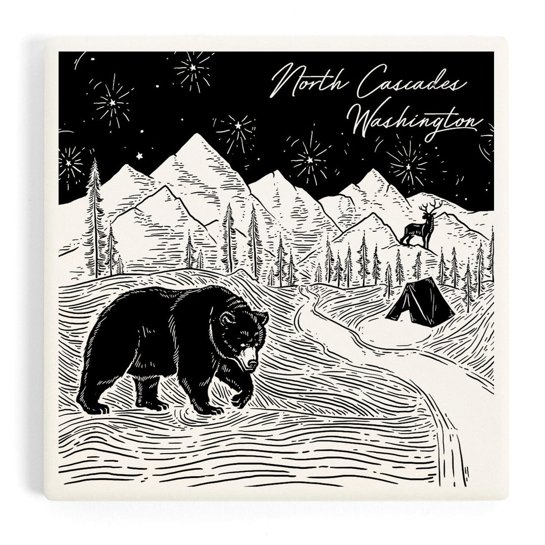 North Cascades, Washington, Mountain Scene with Bear, Coasters Coasters Lantern Press