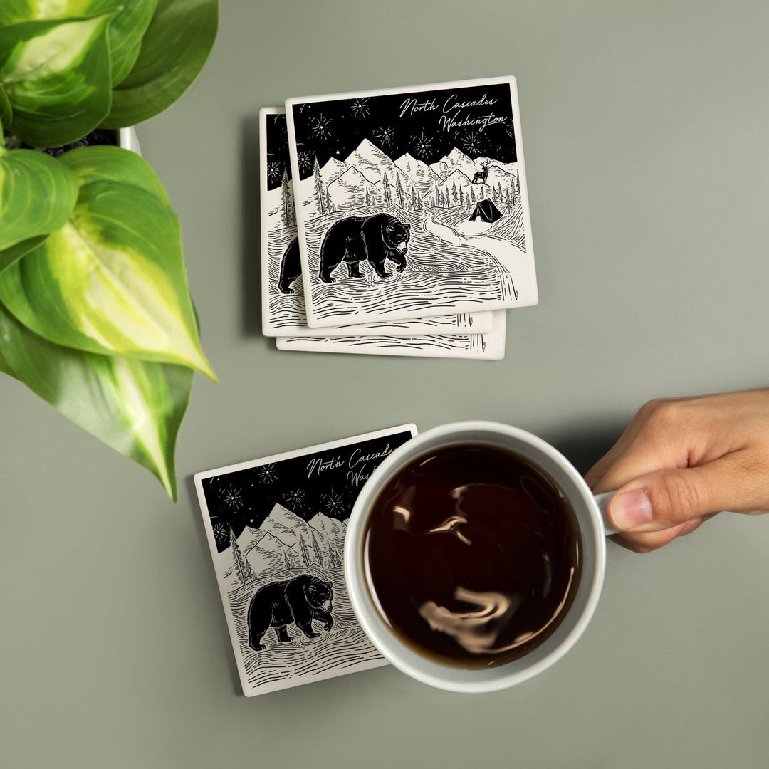 North Cascades, Washington, Mountain Scene with Bear, Coasters Coasters Lantern Press