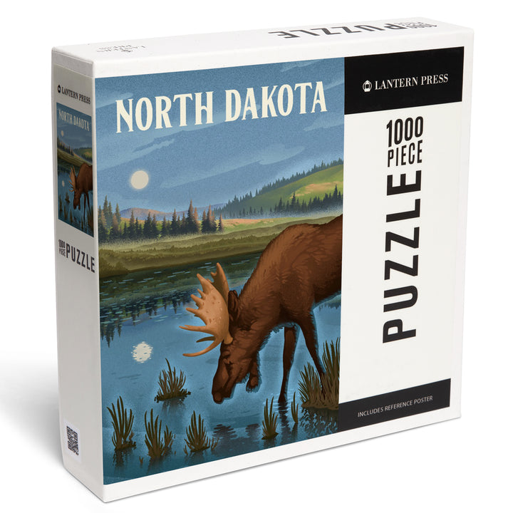 North Dakota, Lithograph, Reflection Pond and Bull Moose, Jigsaw Puzzle Puzzle Lantern Press