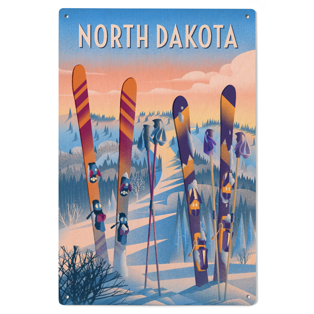 North Dakota, Prepare for Takeoff, Skis in Snowbank, Wood Signs and Postcards Wood Lantern Press