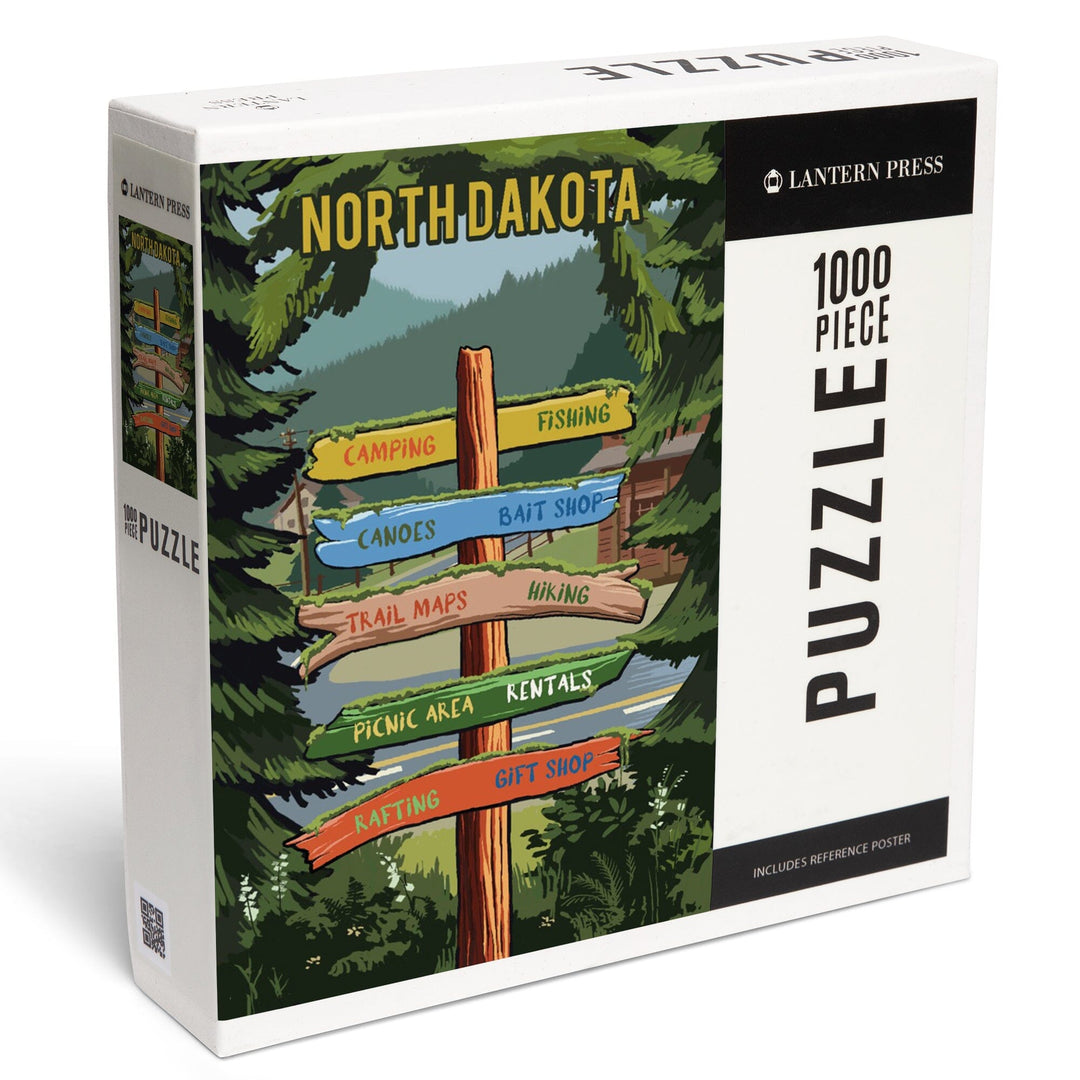 North Dakota, Signpost, Forest and Camp, Jigsaw Puzzle Puzzle Lantern Press