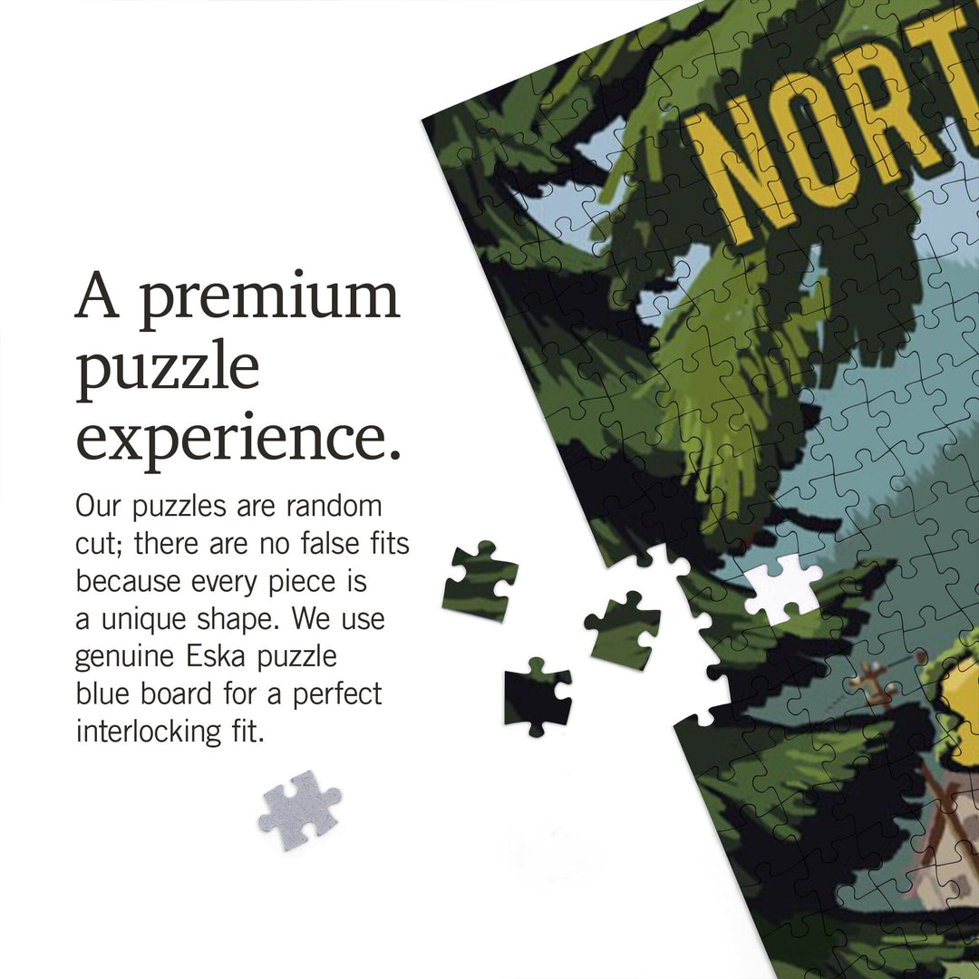 North Dakota, Signpost, Forest and Camp, Jigsaw Puzzle Puzzle Lantern Press