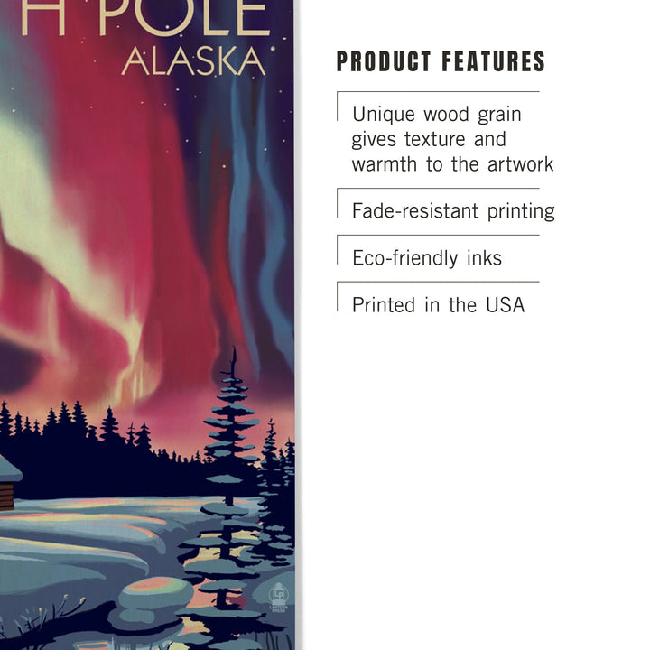 North Pole, Alaska, Northern Lights & Cabin, Lantern Press Poster, Wood Signs and Postcards Wood Lantern Press