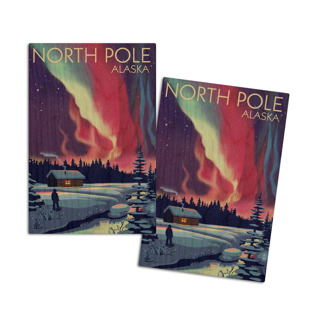 North Pole, Alaska, Northern Lights & Cabin, Lantern Press Poster, Wood Signs and Postcards Wood Lantern Press 4x6 Wood Postcard Set