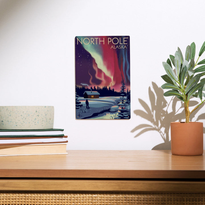 North Pole, Alaska, Northern Lights & Cabin, Lantern Press Poster, Wood Signs and Postcards Wood Lantern Press