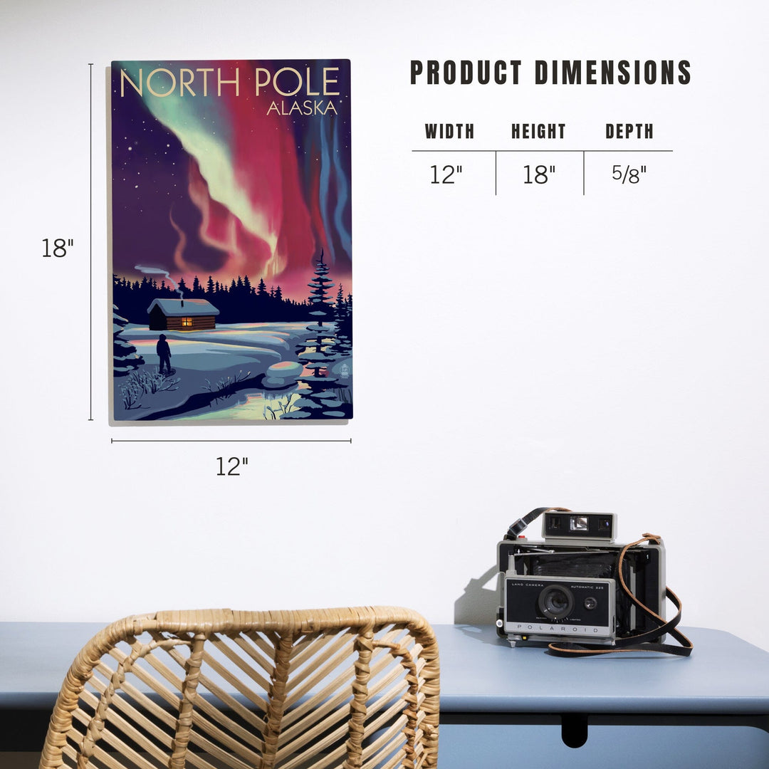 North Pole, Alaska, Northern Lights & Cabin, Lantern Press Poster, Wood Signs and Postcards Wood Lantern Press