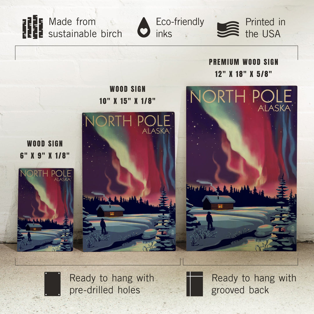 North Pole, Alaska, Northern Lights & Cabin, Lantern Press Poster, Wood Signs and Postcards Wood Lantern Press
