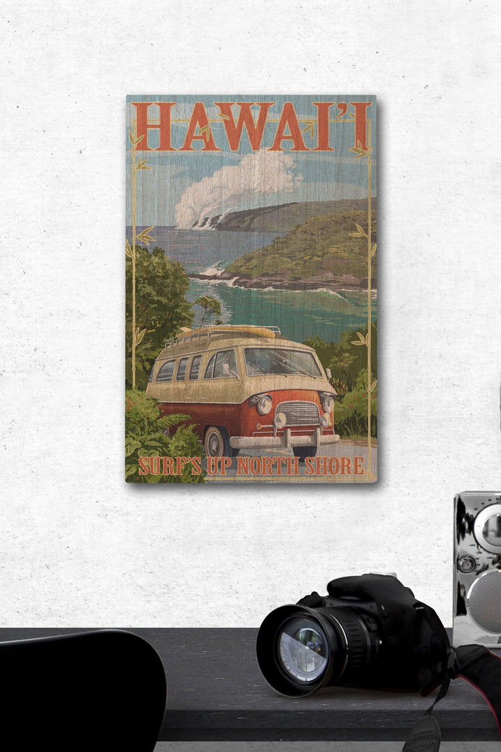 North Shore, Hawaii, Surf's Up, Camper Van, Lantern Press Artwork, Wood Signs and Postcards Wood Lantern Press 12 x 18 Wood Gallery Print