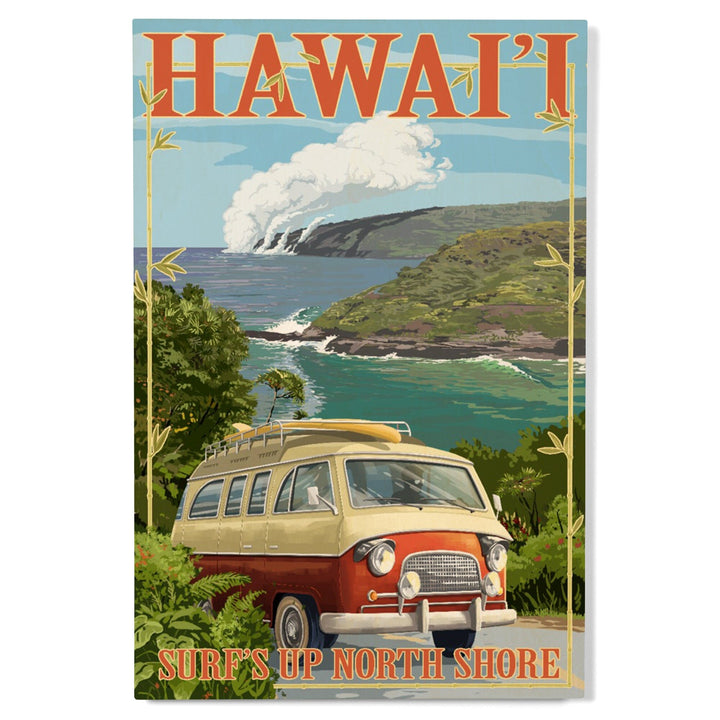 North Shore, Hawaii, Surf's Up, Camper Van, Lantern Press Artwork, Wood Signs and Postcards Wood Lantern Press