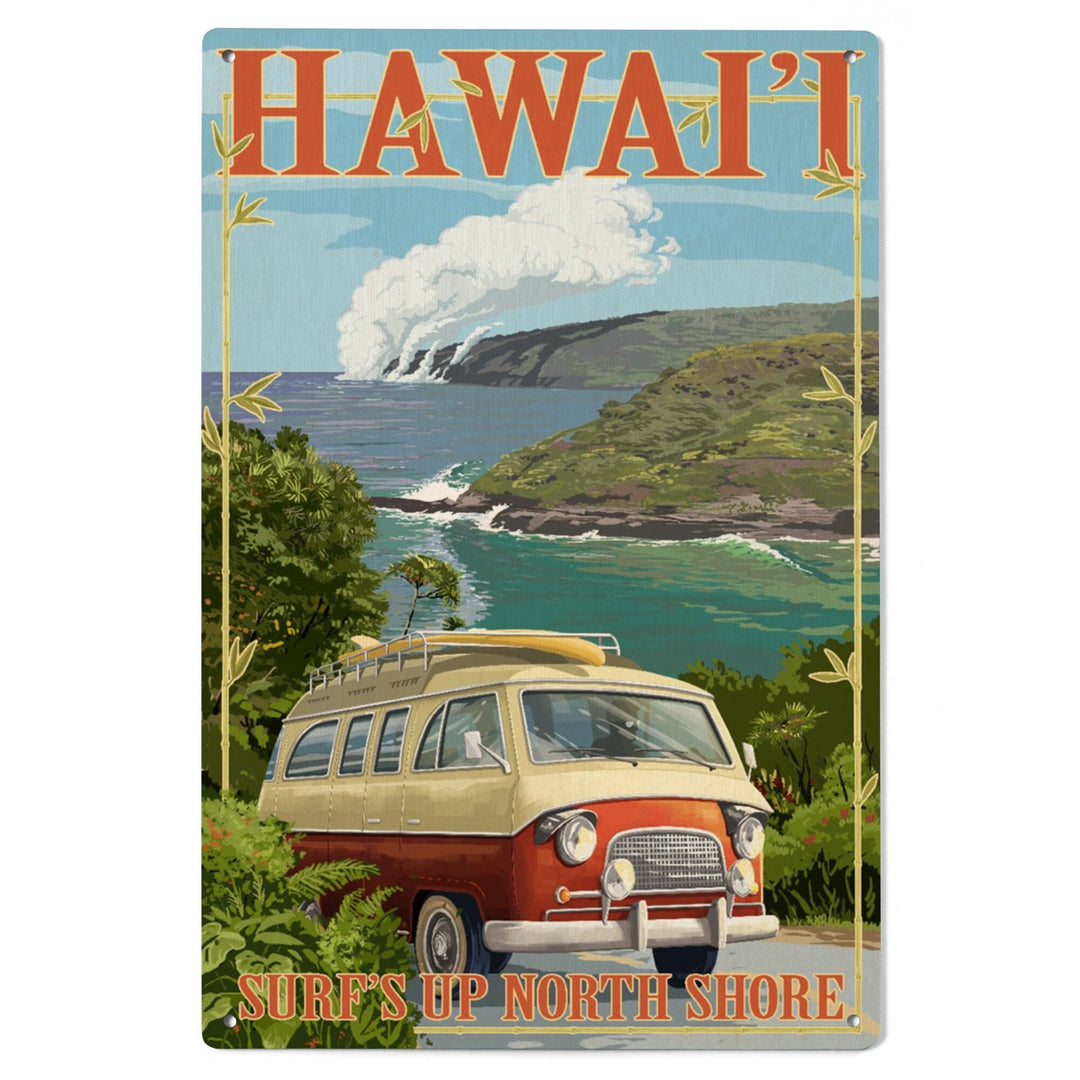 North Shore, Hawaii, Surf's Up, Camper Van, Lantern Press Artwork, Wood Signs and Postcards Wood Lantern Press