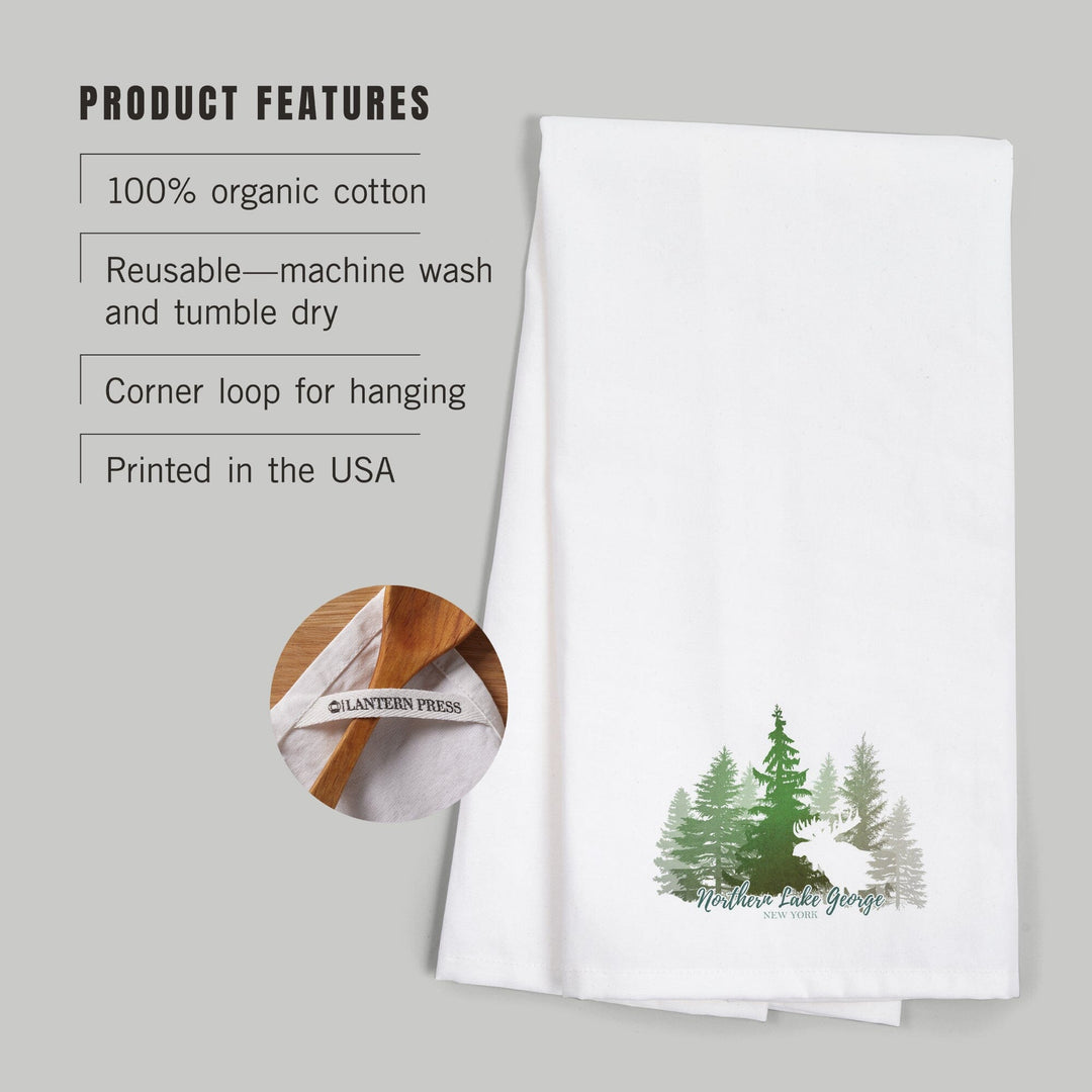 Northern Lake George, New York, Moose and Mountains, Green Tones, Organic Cotton Kitchen Tea Towels Kitchen Lantern Press