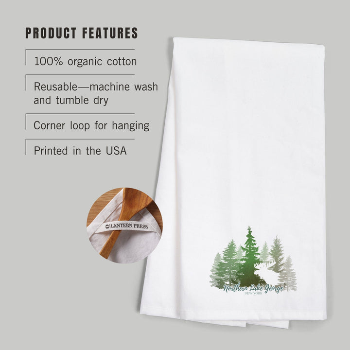 Northern Lake George, New York, Moose and Mountains, Green Tones, Organic Cotton Kitchen Tea Towels Kitchen Lantern Press