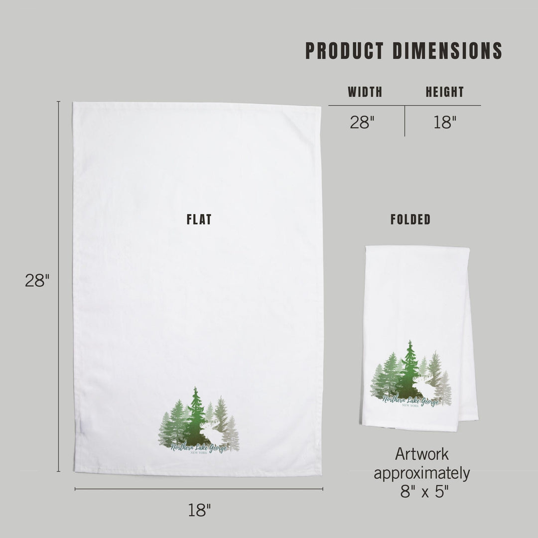 Northern Lake George, New York, Moose and Mountains, Green Tones, Organic Cotton Kitchen Tea Towels Kitchen Lantern Press