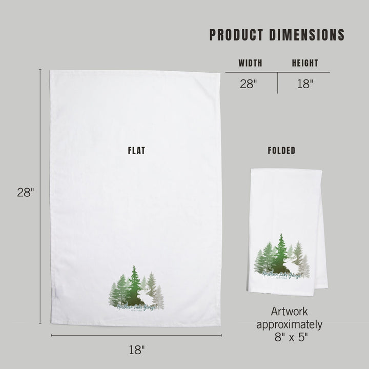 Northern Lake George, New York, Moose and Mountains, Green Tones, Organic Cotton Kitchen Tea Towels Kitchen Lantern Press