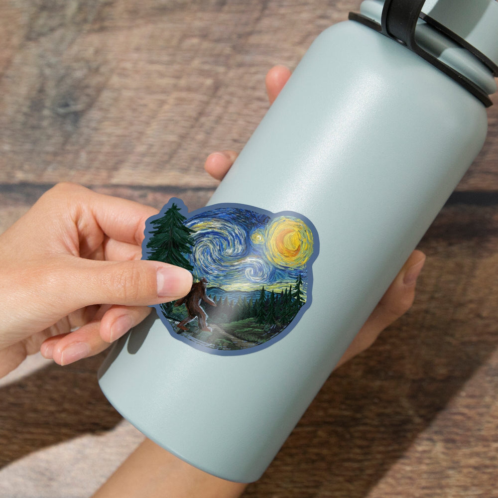 Northwest, Starry Night, Bigfoot, Contour, Lantern Press Artwork, Vinyl Sticker Sticker Lantern Press