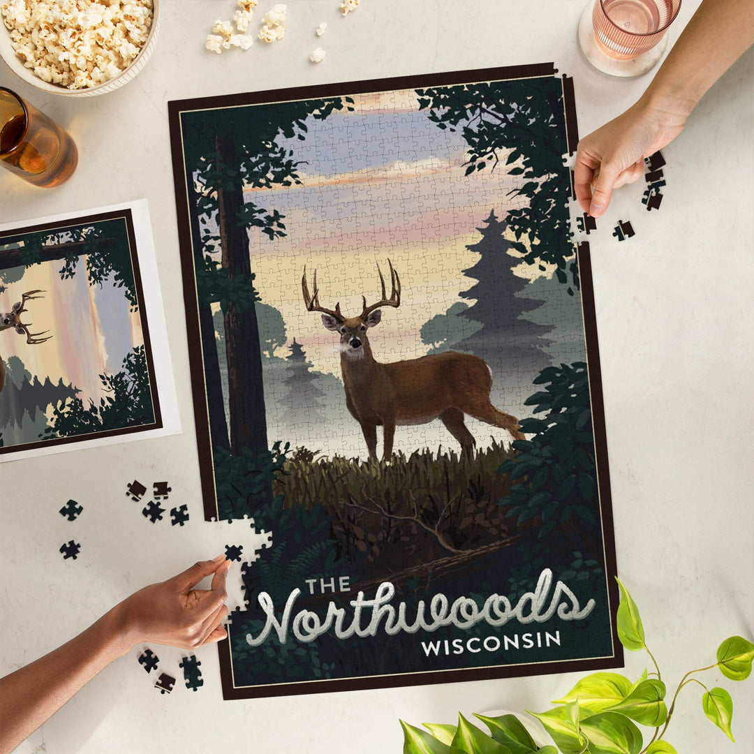 Northwoods, Wisconsin, Deer and Sunrise, Jigsaw Puzzle Puzzle Lantern Press