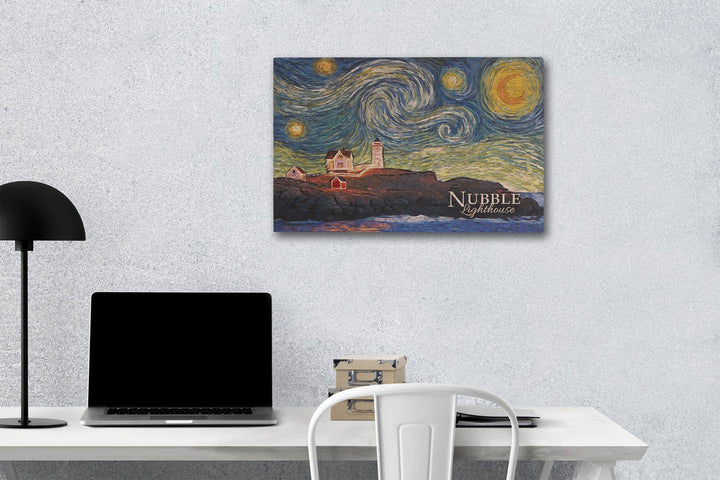 Nubble Lighthouse, Maine, Starry Night, Lantern Press Artwork, Wood Signs and Postcards Wood Lantern Press 12 x 18 Wood Gallery Print