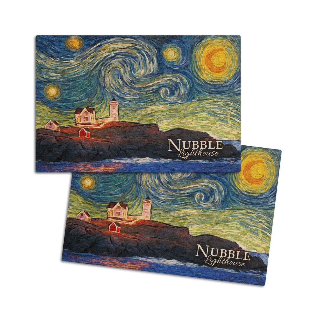 Nubble Lighthouse, Maine, Starry Night, Lantern Press Artwork, Wood Signs and Postcards Wood Lantern Press 4x6 Wood Postcard Set