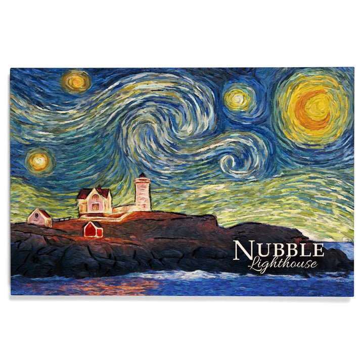 Nubble Lighthouse, Maine, Starry Night, Lantern Press Artwork, Wood Signs and Postcards Wood Lantern Press