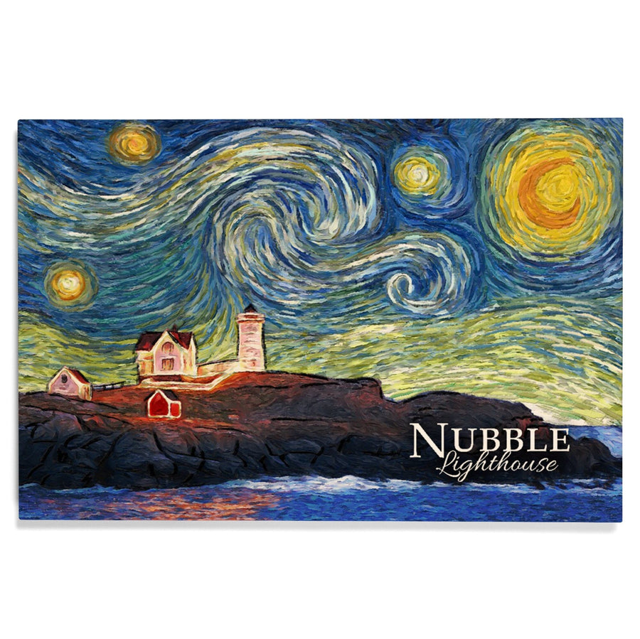 Nubble Lighthouse, Maine, Starry Night, Lantern Press Artwork, Wood Signs and Postcards Wood Lantern Press