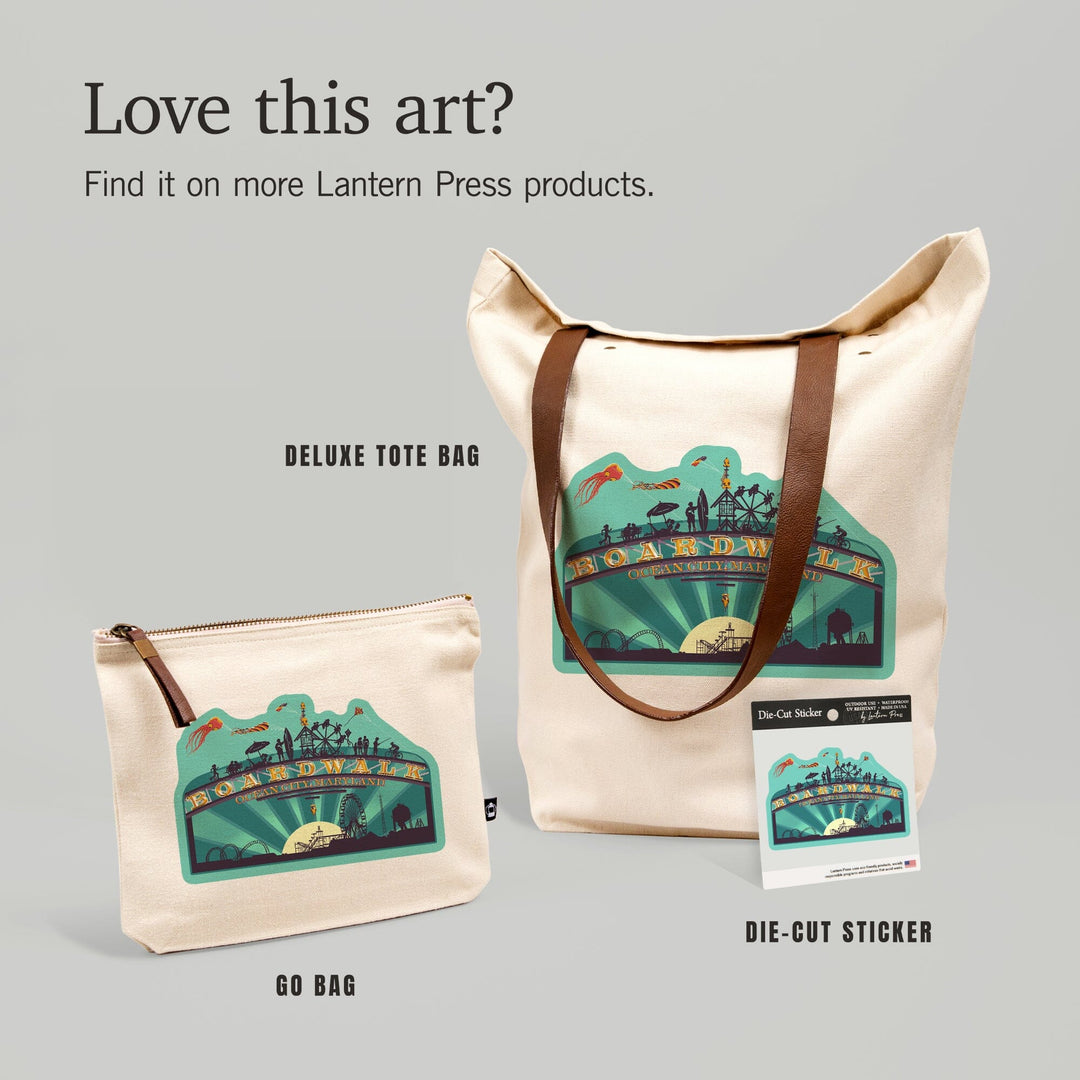 Ocean City, Maryland, Boardwalk Sign, Contour, Lantern Press Artwork, Vinyl Sticker Sticker Lantern Press