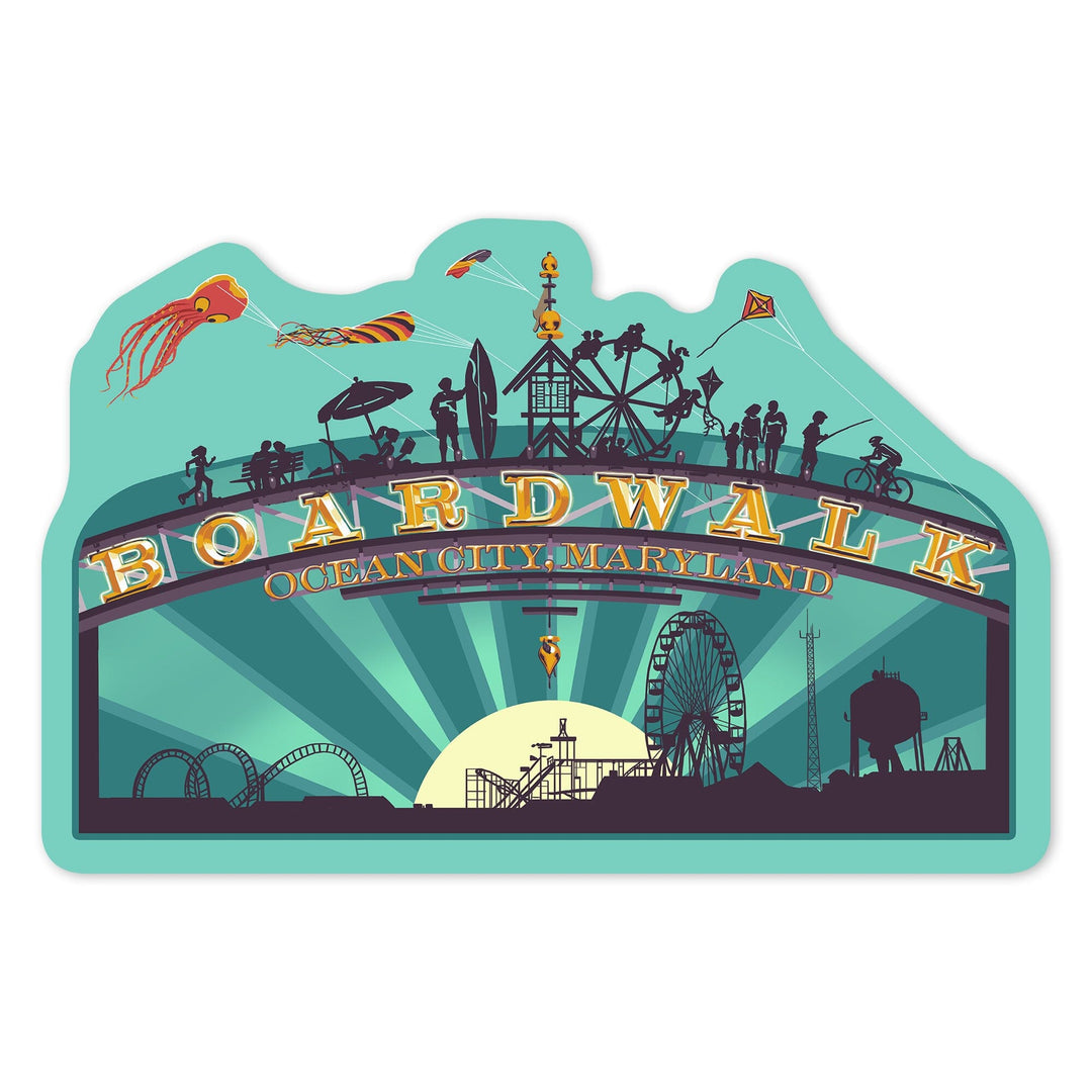 Ocean City, Maryland, Boardwalk Sign, Contour, Lantern Press Artwork, Vinyl Sticker Sticker Lantern Press