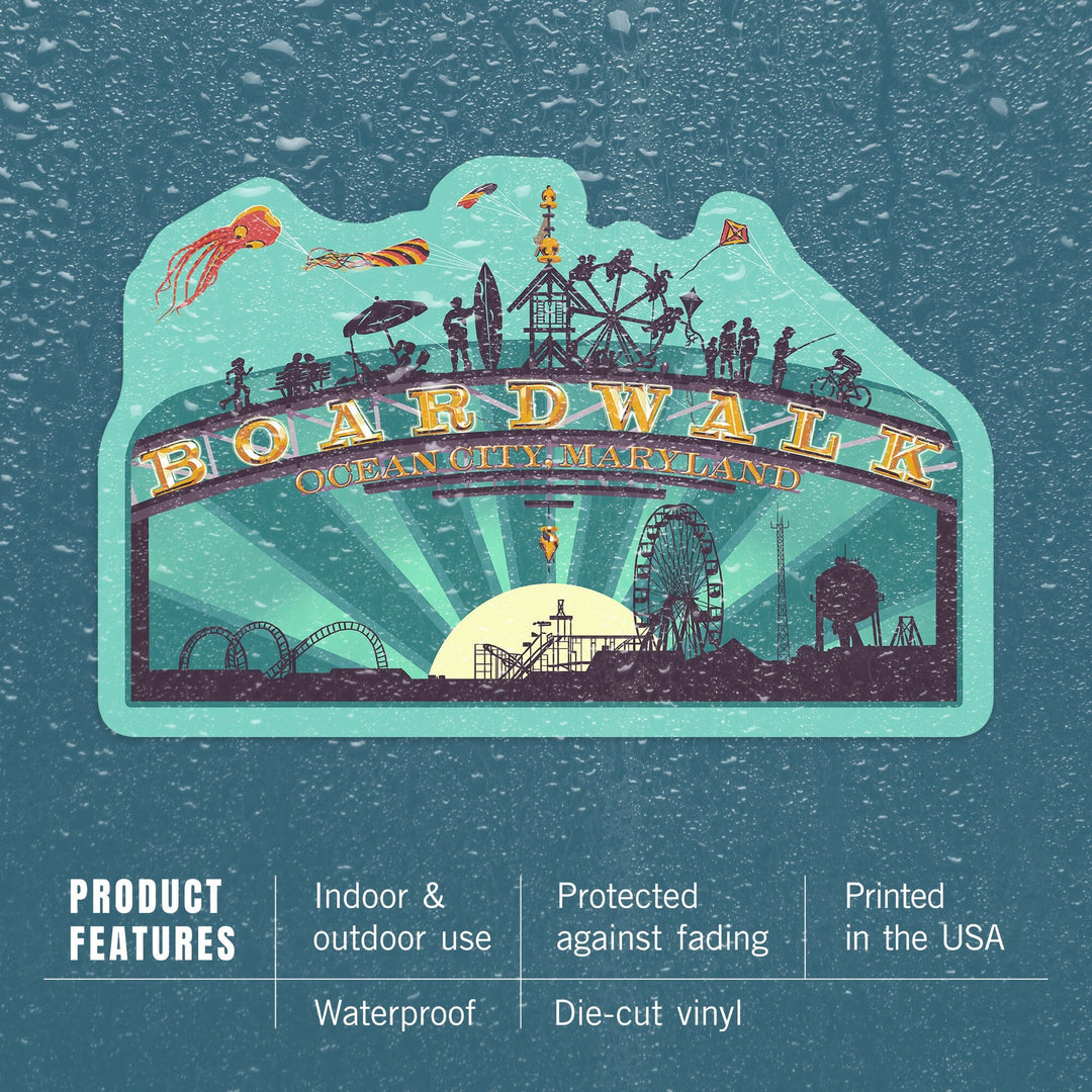 Ocean City, Maryland, Boardwalk Sign, Contour, Lantern Press Artwork, Vinyl Sticker Sticker Lantern Press