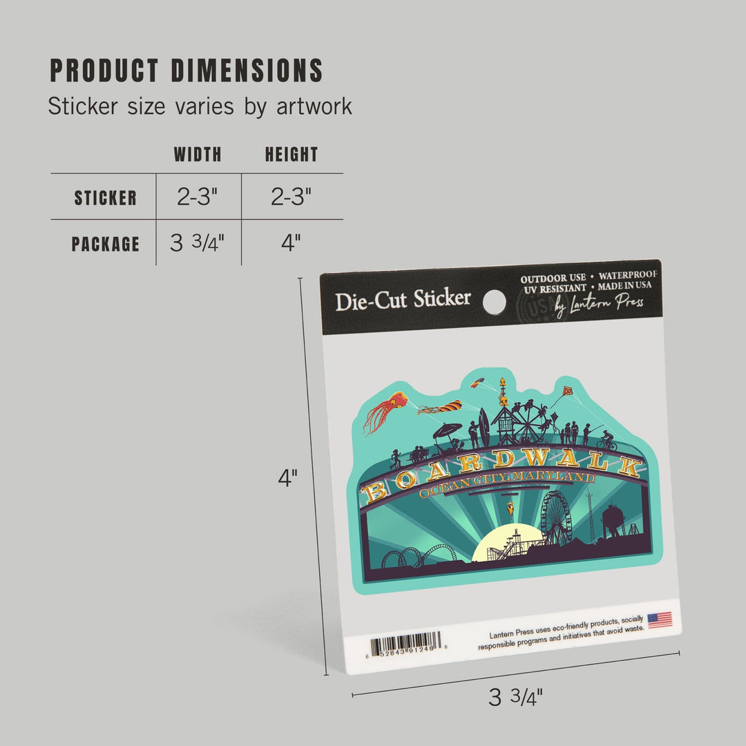 Ocean City, Maryland, Boardwalk Sign, Contour, Lantern Press Artwork, Vinyl Sticker Sticker Lantern Press