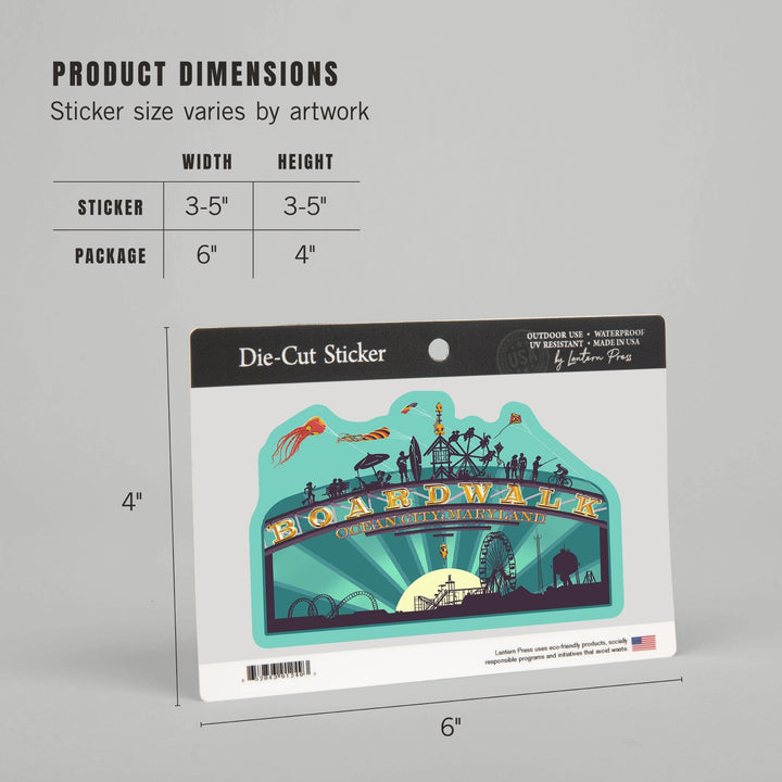 Ocean City, Maryland, Boardwalk Sign, Contour, Lantern Press Artwork, Vinyl Sticker Sticker Lantern Press