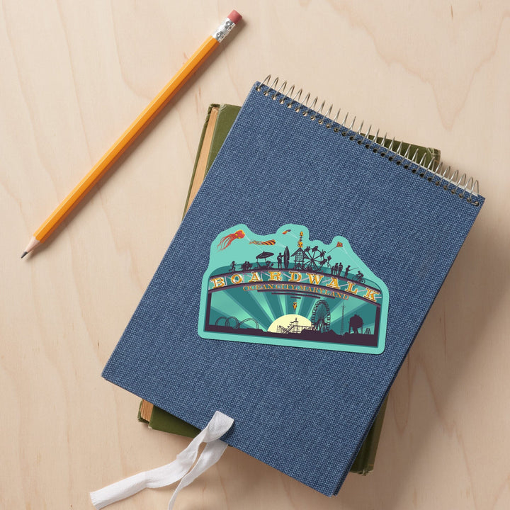 Ocean City, Maryland, Boardwalk Sign, Contour, Lantern Press Artwork, Vinyl Sticker Sticker Lantern Press