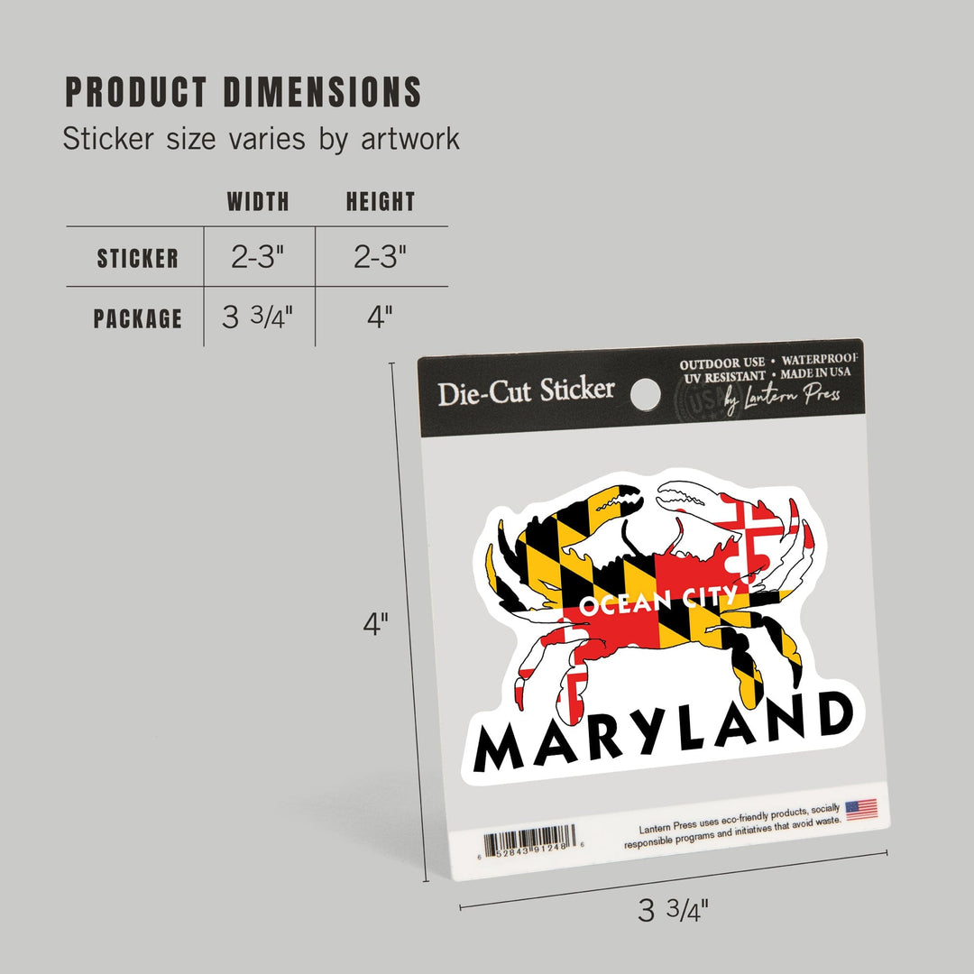Ocean City, Maryland, Crab Flag, Contour, Lantern Press Artwork, Vinyl Sticker Sticker Lantern Press