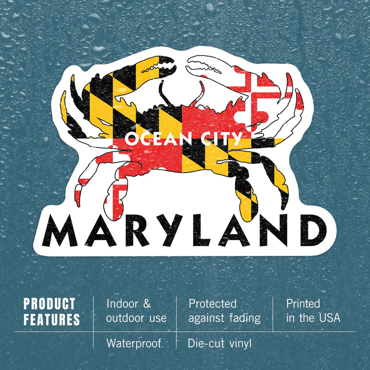 Ocean City, Maryland, Crab Flag, Contour, Lantern Press Artwork, Vinyl Sticker Sticker Lantern Press