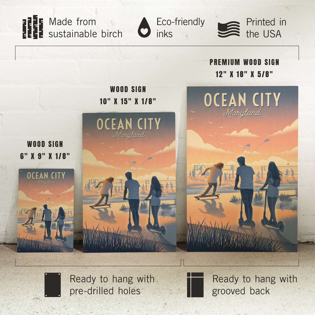 Ocean City, Maryland, Lithograph, Enjoy the Ride, Longboards and Scooters, Wood Signs and Postcards Wood Lantern Press