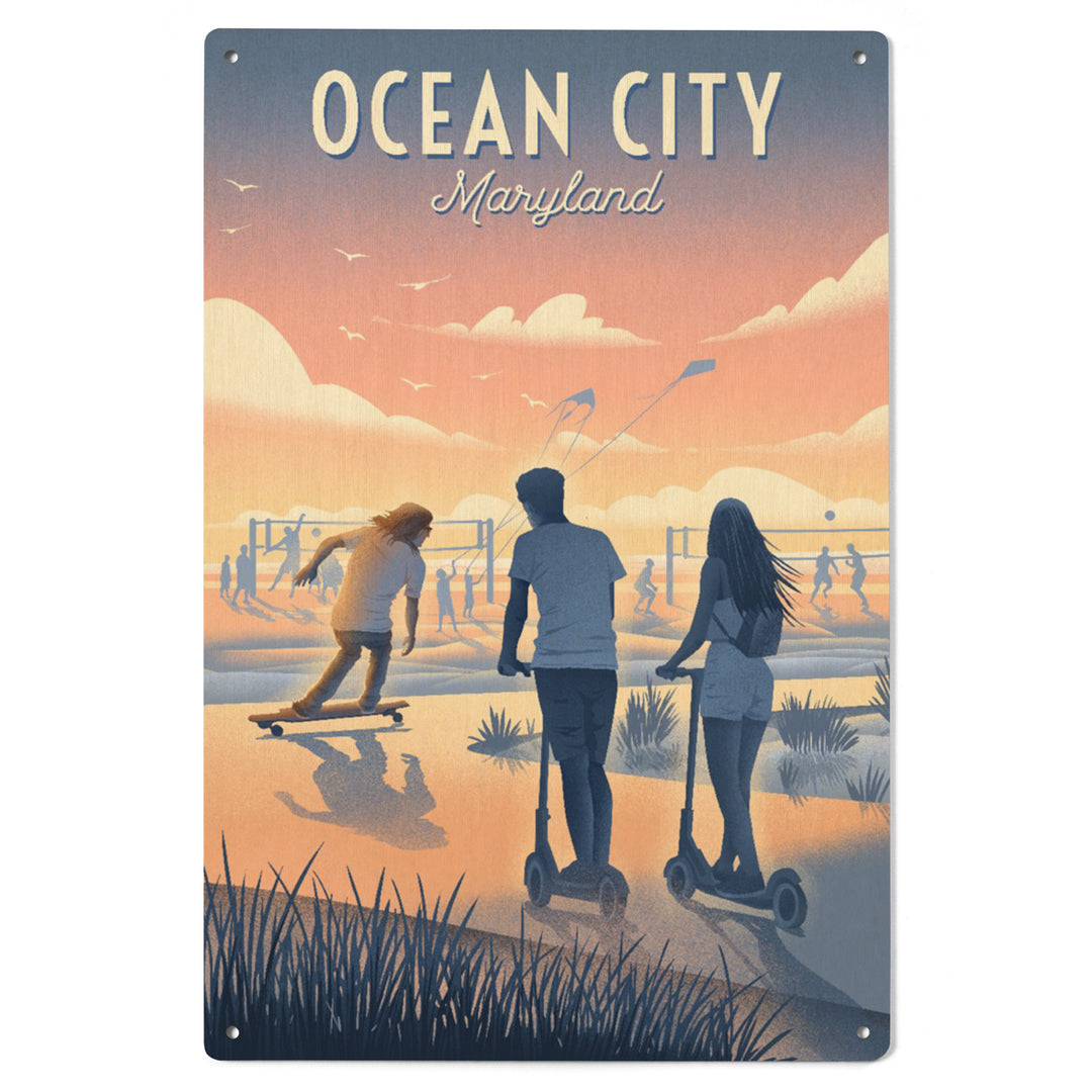 Ocean City, Maryland, Lithograph, Enjoy the Ride, Longboards and Scooters, Wood Signs and Postcards Wood Lantern Press