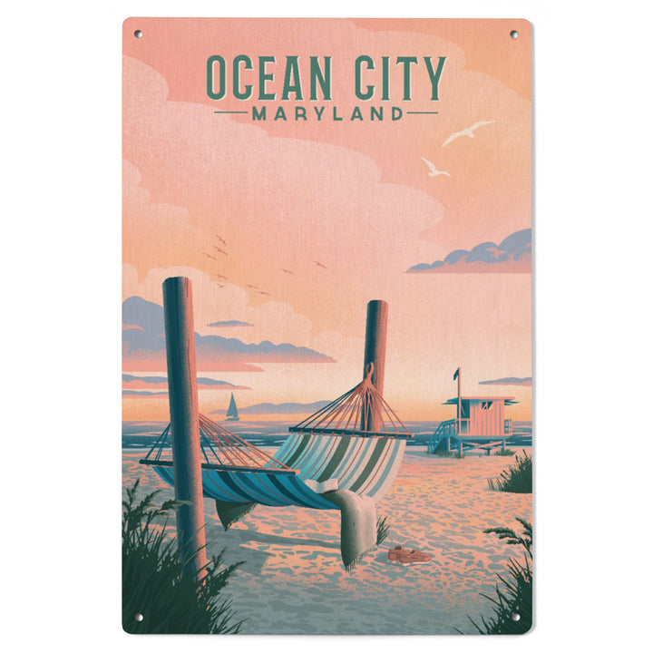 Ocean City, Maryland, Lithograph, Hammock on Beach, Wood Signs and Postcards Wood Lantern Press